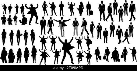 Sagome di uomini d'affari che camminano, uomini e donne, vista frontale, laterale e posteriore. Illustrazione vettoriale isolata in nero su sfondo bianco. Avat Illustrazione Vettoriale