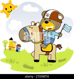 Un piccolo orso che cavalca un divertente cavallo in campo su uno sfondo blu nuvole di cielo con sole sorridente e illustrazione di cartoni animati vettoriali Illustrazione Vettoriale