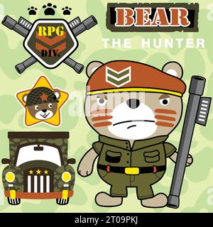 Simpatico orso in uniforme militare con arma pesante, equipaggiamento militare su sfondo mimetico, illustrazione di cartoni animati vettoriali Illustrazione Vettoriale
