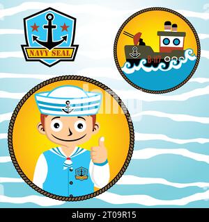 Giovane ragazzo in uniforme da marinaio con logo di cannoniera e foca marina, illustrazione di cartoni animati vettoriali Illustrazione Vettoriale