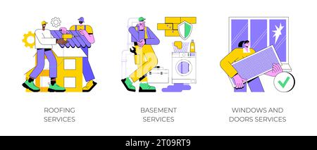 Set di illustrazioni vettoriali per il concetto astratto di manutenzione della casa. Servizi di tetti e seminterrati, sostituzione e installazione di finestre e porte, vetri rotti, paravento, metafora astratta per appaltatori. Illustrazione Vettoriale