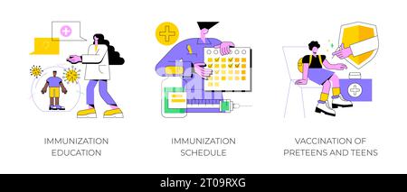 Set di illustrazioni vettoriali di concetto astratto del programma di sanità pubblica. Istruzione e programma di immunizzazione, vaccinazione degli adolescenti, calendario di vaccinazione dei bambini, metafora astratta delle malattie infettive. Illustrazione Vettoriale