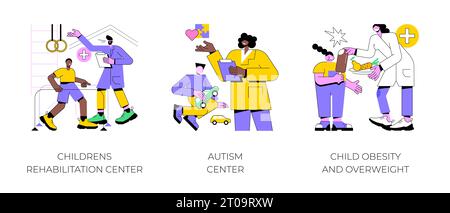 Set di illustrazioni vettoriali di concetto astratto per i bambini del servizio sanitario. Centro di riabilitazione per bambini, centro autismo, obesità infantile e sovrappeso, bisogni speciali pediatria aiutare metafora astratta. Illustrazione Vettoriale