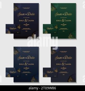 mandala decorativo dorato sfumato con invito a nozze floreale con carte in un gruppo di modelli set Illustrazione Vettoriale