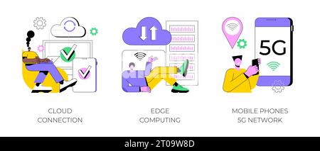 Set di illustrazioni vettoriali di concetto astratto per il trasferimento dei dati in linea. Connessione cloud, edge computing, rete 5G per telefoni cellulari, connessione al database, archiviazione dati locale, metafora astratta della tecnologia 5G. Illustrazione Vettoriale