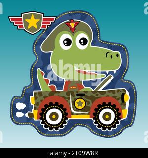 Divertente soldato coccodrillo su veicolo militare, illustrazione di cartoni animati vettoriali Illustrazione Vettoriale