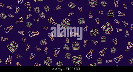 birra con motivo senza cuciture e un'icona luminosa per hamburger sul desktop, adesivo al neon per fast food, figura al neon, figura luminosa, figure geometriche al neon Foto Stock