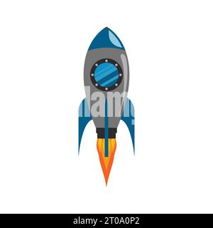 Icona astronave minimalista in stile cartone animato che decolla dal razzo. Lancio del razzo giocattolo. Avvio, spazio, concetto aziendale illustrazione vettoriale isolata Illustrazione Vettoriale