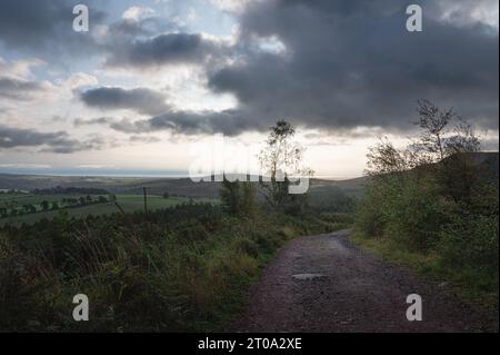 Colline e falesie di Simonside. Vista verso i Cheviots. Northumberland. Foto Stock