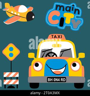 trasporto urbano, aereo e divertente taxi con segnaletica stradale, illustrazioni di cartoni animati vettoriali Illustrazione Vettoriale