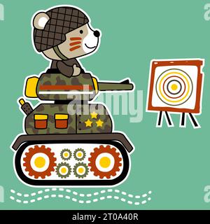 Simpatico orso in uniforme da soldato che guida un veicolo corazzato, illustrazione di cartoni animati vettoriali Illustrazione Vettoriale