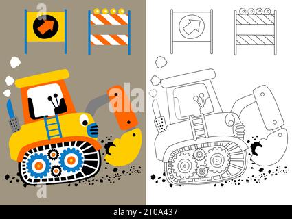 cartone animato vettoriale di divertente scavatrice con insegne di costruzione, libro da colorare o pagina Illustrazione Vettoriale