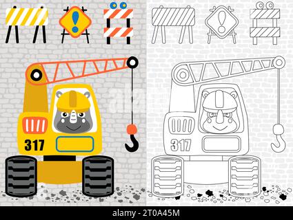 cartone animato vettoriale di rinoceronti che guidano veicoli da costruzione con cartelli, libro da colorare o pagina Illustrazione Vettoriale