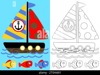 pagina da colorare con barca a vela e pesce, cartoni animati vettoriali Illustrazione Vettoriale