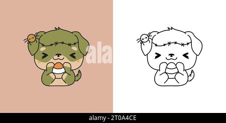 Impostare Clipart Halloween Rottweiler Dog Coloring Page e Color Illustration. Kawaii Halloween Puppy Illustrazione Vettoriale