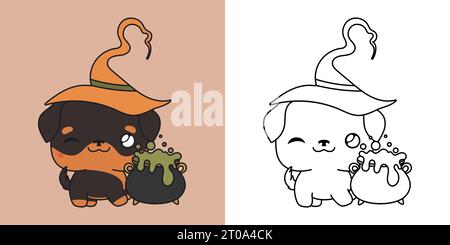 Kawaii Halloween Rottweiler Dog Illustration e for Coloring Page. Divertente Kawaii Halloween Doggy Illustrazione Vettoriale