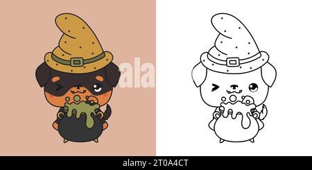 Kawaii Halloween Rottweiler Dog Clipart multicolore e bianco e nero. Carino cane di Halloween Kawaii Illustrazione Vettoriale