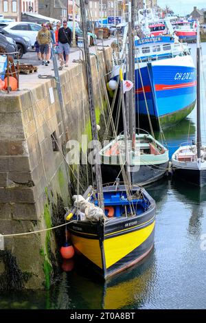 Frankreich, Barfleur, 27.08.2023: drei traditionelle Segelboote aus Holz für die Fischerei und moderne Hochseetrawler liegen bei Ebbe im Hafen von Barfleur auf der Halbinsel Cotentin an der franzoesischen Kanalkueste im Departement Manche in der Normandie **** Francia, Barfleur, 27 08 2023 tre tradizionali barche a vela in legno per la pesca e moderni pescherecci da traino oceanici sono ormeggiati con bassa marea nel porto di Barfleur, sulla penisola del Cotentin, sulla costa francese della Manica, nel dipartimento della Manica, in Normandia Foto Stock