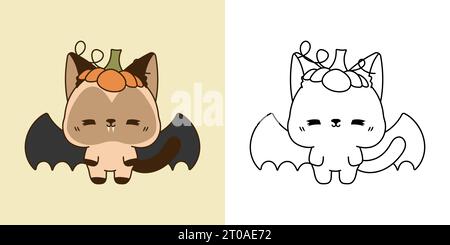 Set Halloween Siamese Cat multicolore e bianco e nero. Kawaii Clip Art Halloween Cat. Illustrazione Vettoriale