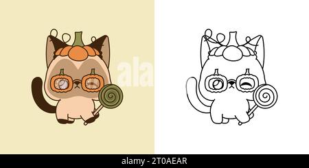 Kawaii Halloween Siamese Cat multicolore e bianco e nero. Bellissimo gattino di Halloween. Illustrazione Vettoriale