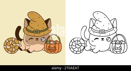 Kawaii Halloween Siamese Cat Clipart multicolore e bianco e nero. Carino gattino di Halloween Kawaii. Illustrazione Vettoriale