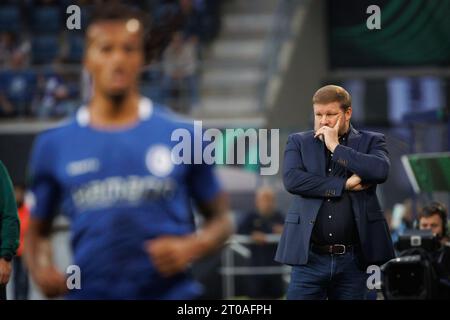 Gent, Belgio. 5 ottobre 2023. Hein Vanhaezebrouck, allenatore di Gent, nella foto, durante una partita di calcio tra la squadra belga KAA Gent e l'israeliano Maccabi Tel Aviv, giovedì 05 ottobre 2023 a Gent, il giorno 2 della fase a gironi della UEFA Conference League, nel gruppo B. BELGA FOTO KURT DESPLENTER credito: Belga News Agency/Alamy Live News Foto Stock