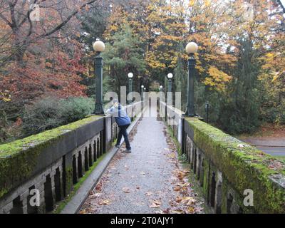 Vecchio ponte in cemento presso la U of W Arboretum Foto Stock