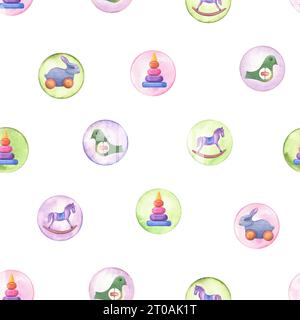 Pois astratto con giocattoli per bambini. Ripetizione senza cuciture. Coniglio, cavallo, piramide, uccello di legno. Cerchio in colori pastello tenui. Minimalista creativo Foto Stock