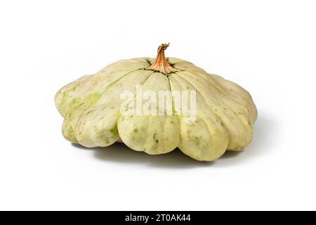 Squash Pattypan giallo chiaro con forma rotonda e poco profonda e bordi smerlati su sfondo bianco Foto Stock