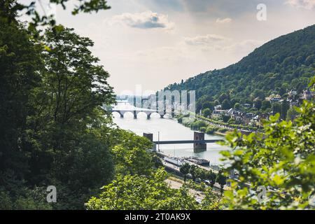Accattivante Heidelberg: Una vista pittoresca del fiume Neckar, il Ponte Vecchio, le case storiche e le maestose montagne che formano un paesaggio urbano mozzafiato Foto Stock