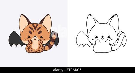 Impostare Clipart Halloween Bengala Cat colorare pagina e illustrazione colorata. Kawaii Halloween Kitty Illustrazione Vettoriale