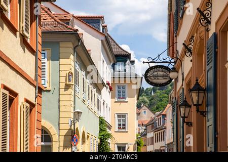 Accattivante Heidelberg: Una pittoresca veduta delle strade della città vecchia con case storiche in estate (destinazione Trvael in Germania) Foto Stock