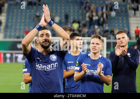 Gent, Belgio. 5 ottobre 2023. Tarik Tissoudali festeggia la vittoria di una partita di calcio tra la squadra belga KAA Gent e l'israeliano Maccabi Tel Aviv, giovedì 05 ottobre 2023 a Gent, il giorno 2 della fase a gironi della UEFA Conference League, nel gruppo B. BELGA FOTO KURT DESPLENTER credito: Belga News Agency/Alamy Live News Foto Stock