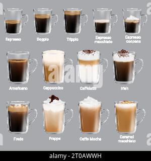 Set tipi di caffè, illustrazione isolata realistica vettoriale Illustrazione Vettoriale