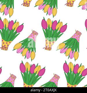 Motivi astratti e senza cuciture di mazzi di tulipani primaverili in carta da imballaggio multicolore con sfumature alla moda. Vettore. EPS. Isolare. Sfondo per poster, banner, brochure, biglietti di auguri o biglietti di invito, etichette Illustrazione Vettoriale