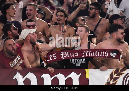 Roma, Italia. 5 ottobre 2023. Tifosi del Servette durante la partita di calcio del gruppo G Europa League tra AS Roma e Servette FC allo stadio Olimpico di Roma, 5 ottobre 2023. Crediti: Insidefoto di andrea staccioli/Alamy Live News Foto Stock