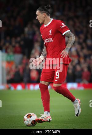 Liverpool, Regno Unito. 5 ottobre 2023. Darwin Nunez del Liverpool raffigurato in azione durante una partita tra la squadra belga Royale Union Saint Gilloise e l'inglese Liverpool FC, mercoledì 04 ottobre 2023 a Liverpool, Regno Unito, il giorno 2 della fase a gironi della UEFA Europa League, nel gruppo E. BELGA FOTO VIRGINIE LEFOUR credito: Belga News Agency/Alamy Live News Foto Stock