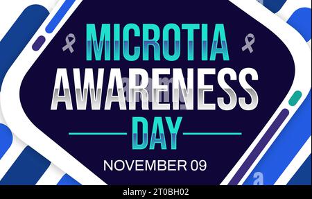 Il 9 novembre si celebra il Microtia Awareness Day per diffondere la consapevolezza sulla disabilità congenita, design dello sfondo con nastro di colore blu Foto Stock