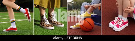 Foto di donne in eleganti sneakers all'aperto, design collage Foto Stock