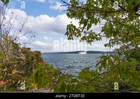 Vista a distanza della nave da crociera a Traverse Bay, il lago Michigan, è visibile attraverso un quadro di alberi e cespugli. Ammira il cielo blu con le onde d'acqua in autunno. Foto Stock