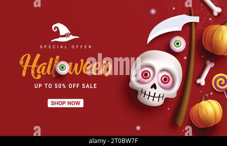 Banner vettoriale di testo per la vendita di Halloween. Decorazione di teschi e zucche di Halloween per offerta speciale prezzo scontato su sfondo rosso. Vettore Illustrazione Vettoriale