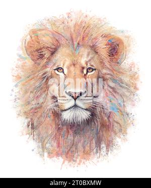 Lion Head Abstract Acquerello dipinto isolato su sfondo bianco Foto Stock