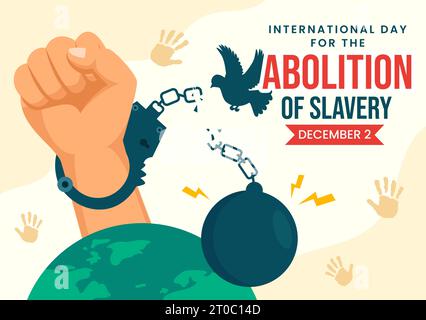 Giornata internazionale per l'abolizione della schiavitù illustrazione vettoriale il 2 dicembre con manette, catene, piccioni e mani sullo sfondo di un cartone animato piatto Illustrazione Vettoriale