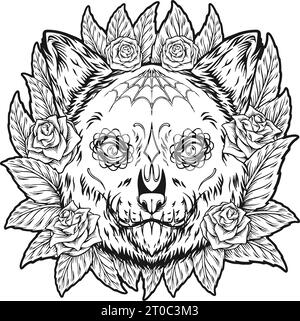 Gattino Muertos con ornamenti floreali in fiore delineano illustrazioni vettoriali per il logo del tuo lavoro, t-shirt di merchandising, adesivi e disegni di etichette, poster, Illustrazione Vettoriale