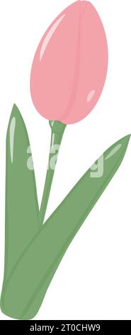 Fiore di tulipano rosa in fiore isolato per un bouquet in sfumature alla moda. Ciao, primavera. Adesivo. Icona. EPS. Illustrazione vettoriale per messaggi di saluto o biglietti d'invito, cartellino prezzi, etichetta o Web, poster, banner Illustrazione Vettoriale