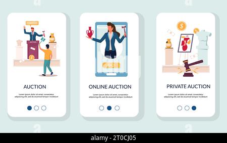 Schermate di inserimento delle app mobili all'asta. Modello vettore banner menu per lo sviluppo di siti Web e applicazioni. Asta privata e online di vasi antichi Illustrazione Vettoriale