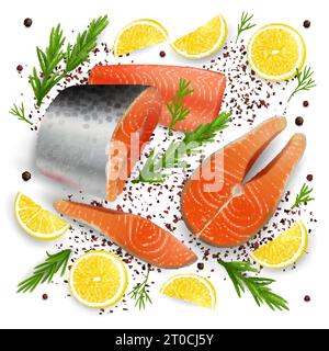 Bistecche crude di pesce rosso di salmone, filetto con fette di limone ed erbe speziate, illustrazione vettoriale realistica. Composizione di pesce fresco biologico per il ristorante, Illustrazione Vettoriale