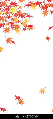 Rami con foglie rosse e gialle in ottobre. Rami autunnali di acero giapponese su sfondo nero. Composizione verticale in stile piatto. Vettore. Illustrazione Vettoriale