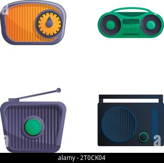 Le vecchie icone della radio impostano il vettore dei cartoni animati. Sintonizzatore radio vintage. Dispositivo retro Illustrazione Vettoriale