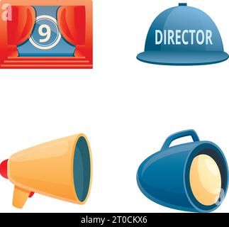 Le icone di ripresa consentono di impostare il vettore dei cartoni animati. Apparecchiature per la produzione di pellicole. Produzione cinematografica Illustrazione Vettoriale